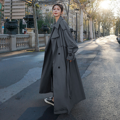 Korean Style Loose Oversized X-Long Women's Trench Coat Double-Breasted Belted Lady Cloak Windbreaker Spring Fall Outerwear Grey ► Photo 1/6