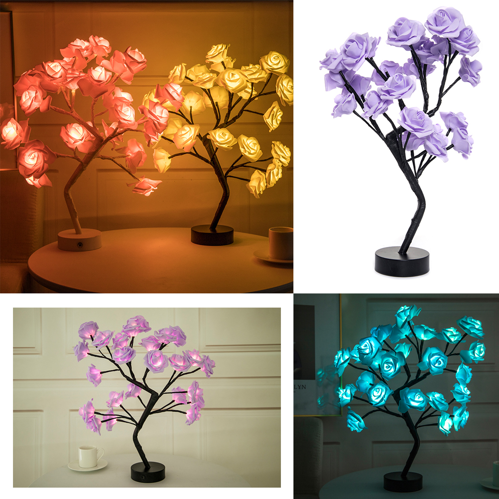 LED Table Lamp Rose Flower USB Night Light Bedside For CHRISTMAS Home Decor Desk 