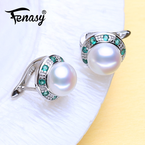 FENASY 925 Sterling Silver Natural Freshwater Pearl Earrings Green Crystal Boho Stud Earrings For Women Emerald Wedding  Jewelry ► Photo 1/6