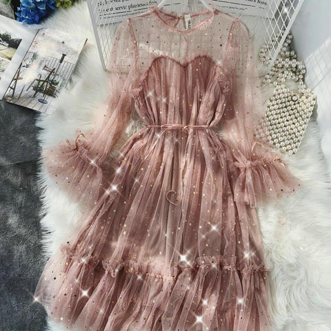 2022 New Female O-neck Stars Sequined Mesh Shiny Fairy Dress Women Elegant Bling Gauze Princess Puff Dresses vestidos De Fiesta ► Photo 1/6