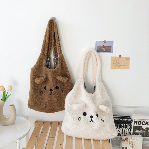 New Winter Soft Plush Tote Bag Women Cartoon Embroidery Imitation Lamb Hair Shoulder Bag For Women 2022 Shopper Bag Bolsa ► Photo 1/6