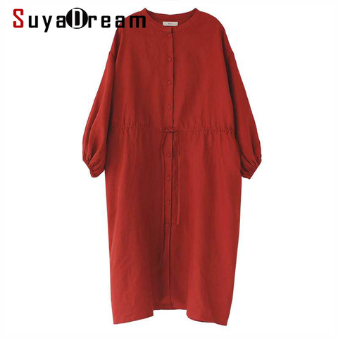 SuyaDream Women Spring Dress 100%Linen Lantern Sleeves O Collar Knee Length Solid Loose Dresses 2022 ► Photo 1/1