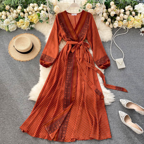 Spring Autumn Women's Holiday Dress 2022 New Thin Chiffon Retro Print Lace-up Waist Slim Long Dress for Women GD975 ► Photo 1/6