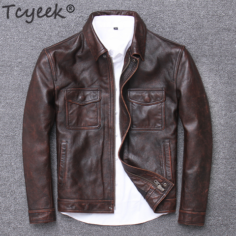 Tcyeek 100% Real Leather Jacket Men Autumn Winter Clothes 2022 Streetwear Fit Genuine Cow Leather Coat Men's Leather Jacket 1790 ► Photo 1/6