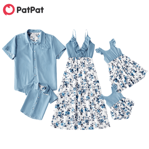 PatPat 2022 Hot Summer and Spring Mosaic Cotton Family Matching Floral Sets Flounce Tank Dresses and Denim Tops Family Look Sets ► Photo 1/5
