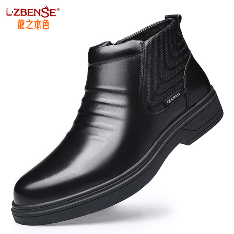 Genuine Leather Ankle Boots cold Winter Men's Boots Fashion work cotton Boots Keep warm Snow Boots Thick Sole Non-slip Men Shoes ► Photo 1/6