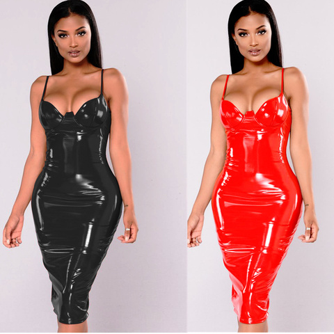 4XL 5XL 6XL Plus Size Dress 2017 Sexy Winter PVC Wet Look Leather Dresses Women Red Black Knee Length Zipper Black Club Dress ► Photo 1/6