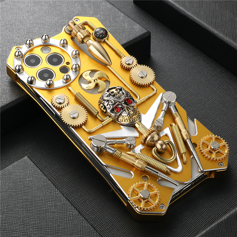 Luxury Armor Metal Aluminum pure copper Cover For iphone 12 PRO MAX mini case mechanical gear purely handmade Skull Phone shell ► Photo 1/6