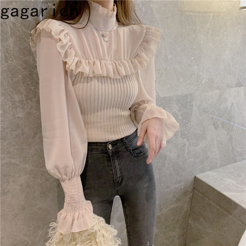 Gagarich Women Sweater 2022 Winter Autumn French Sweet Temperament Female Mesh Stitching Frill Design Solid Color Pullovers ► Photo 1/6