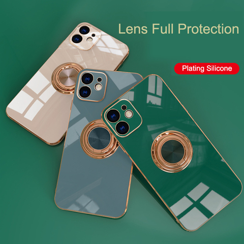 Luxury Plating Silicone Case For iPhone 12 11 Pro Xs Max Mini SE X XR 7 8 Plus Plain Metal Ring Holder Stand Soft Phone Cover ► Photo 1/6