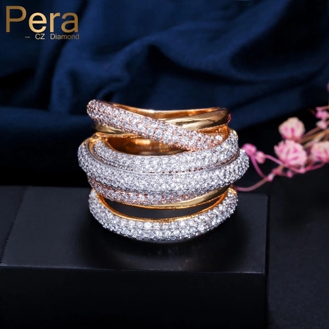 Pera Luxury Famous Brand Design 3 Tones Dubai Gold Cubic Zirconia African Big Women Engagement Wedding Party Finger Rings R105 ► Photo 1/6