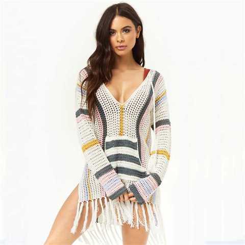 Knitted Bikini Cover up Tassel Tunic for Beach Pareos de Playa Mujer Kaftan Beach coverups for Women Swim suit Cover up #Q760 ► Photo 1/1