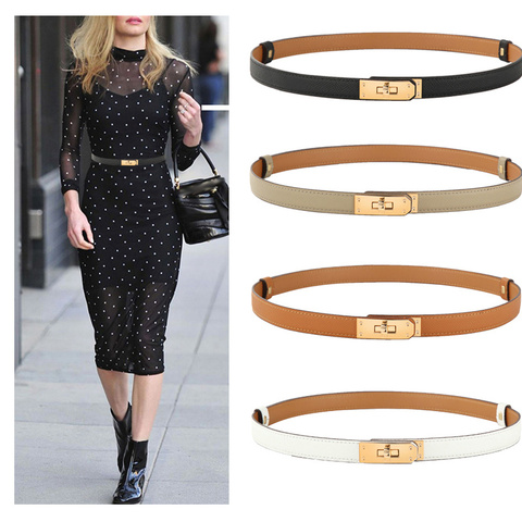 new designer women real leather 1.8cm width belts golden silver lock buckle dress jeans sweater waistband belt A0 ► Photo 1/6