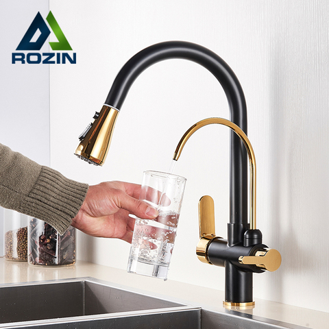 Black and Golden Filtered Crane For Kitchen Pull Out Sprayer  drinking water Three Ways Water Filter Tap Kitchen Faucet hot cold ► Photo 1/6