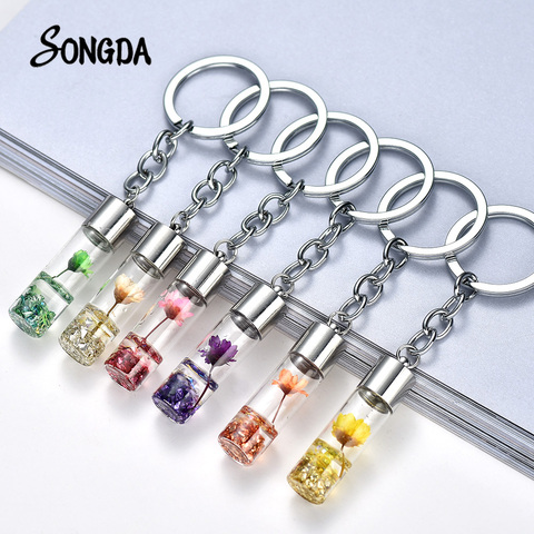  Creative  Dry Flower Bottle Keychain Eternal Flower Sparkling Key Rings Assorted Color For Women Girl Car Bag Accessories ► Photo 1/6