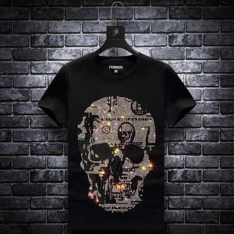 Plus Size 2022 Skull Rhinestones T Shirts Men Summer Clothes Short Sleeve Man Streetwear O Neck Slim Tshirts Calaveras Camiseta ► Photo 1/4