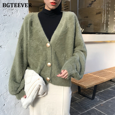 BGTEEVER Elegant Loose Women Knitted Cardigans Lantern Sleeve Mohair Sweater Jumpers 2022 Autumn winter Female Cardigan Jacket ► Photo 1/6