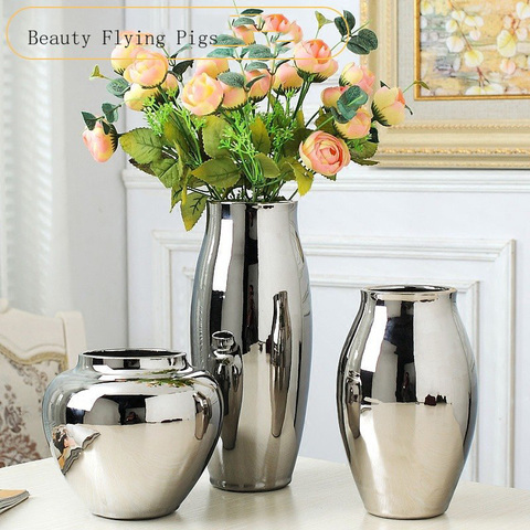 Home living room TV cabinet wine cabinet decoration ornaments simple fashion soft work art ceramic gold-plated silver vase ► Photo 1/1