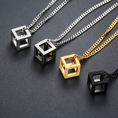 Punk Hollow Cube Pendient Necklaces for Men Women Unisex Stainless Steel Square Charm Jewelry Necklace Geometric Collier Fashion ► Photo 1/6