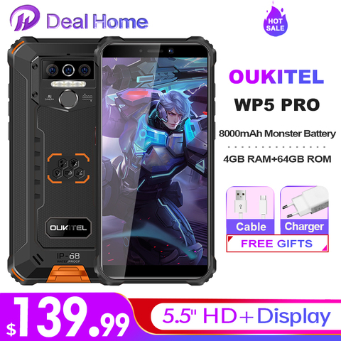 OUKITEL WP5 Pro IP68 Waterproof Smartphone 8000mAh Triple Camera Face/Fingerprint Unlock Android 10 5.5 inches 4GB 64GB Mobile ► Photo 1/5