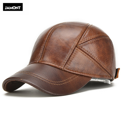 Men Real Cowhide Leather Earlap Caps Male Fall Winter 100% Real Cow Leather Hats New Casual Real Leather Outdoor Baseball Cap ► Photo 1/6