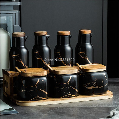 Nordic matte marbled ceramic seasoning jar salt can oil bottle household seasoning box kitchen supplies seasoning bottle set ► Photo 1/1