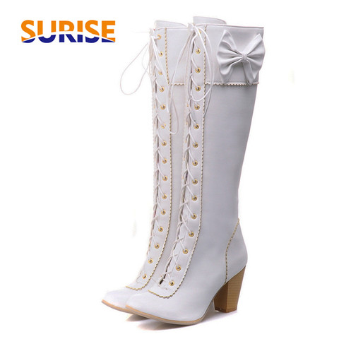 Winter Sweet Women Knee High Boots PU Leather Round Toe 7cm High Block Heels Bowtie Lace-up Lolita Lady Zipper Long Riding Boots ► Photo 1/6