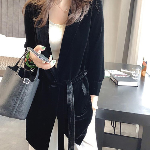 Peonfly New 2022 Autumn Women's Velvet Blazers Jacket with Sashes Female Notched Outerwear Office Ladies Coat Loose Black Blazer ► Photo 1/6