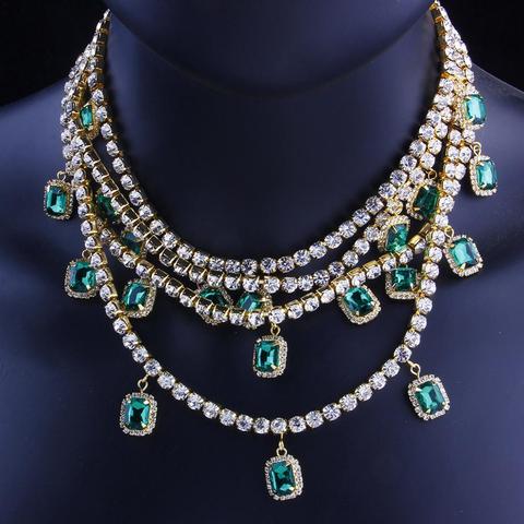 Luxury Big Green Pendant Necklace Rhinestone Multi Layer Choker Necklace Vintage for Women HipHop Crystal Link Chain Necklace ► Photo 1/6