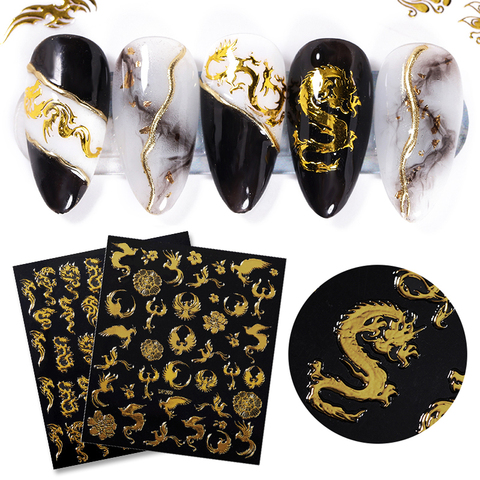 Gold 3D Nail Stickers Dragon Phoenixs Transfer Stickers for Nails Colorful Self Adhensive Slider Decals Manicuring Decoration ► Photo 1/6
