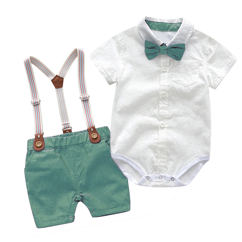 Baby Boy Clothes Summer Gentleman Birthday Suits Newborn Party Dress Soft Cotton Solid Rmper + Belt Pants Infant Toddler Set ► Photo 1/6