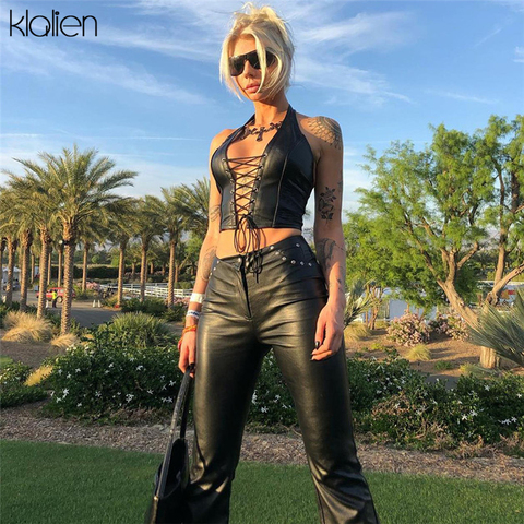 KLALIEN fashion punk black leather hollwo crop tops womens camisole 2022 summer fashion stretch tees Slim Soft leather tank tops ► Photo 1/6