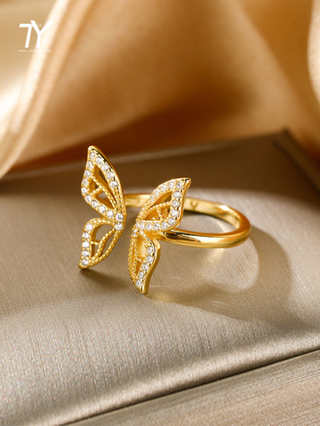 Elegant and Sweet Inlaid Zircon Gold Butterfly Rings For Woman 2022 Korean Fashion Jewelry Wedding Luxury Party Girl's Ring ► Photo 1/6