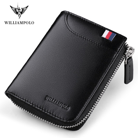 WilliamPolo Genuine Leather Wallet Men New Brand Purses for men Black Brown Bifold Wallet Zipper Coin Purse Wallets With Gift Bo ► Photo 1/6