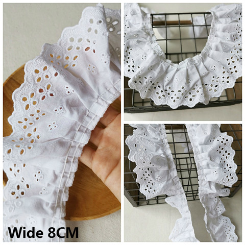 8CM Wide White Cotton Lace Pleated Ruffle Trim Hollow Embroidery Guipure 3d Lace Fabric Ribbon Skirts Fringe Scarfs Sewing Decor ► Photo 1/5