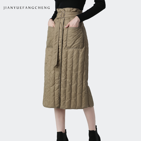 Women Winter Down Skirt High Waist A-Line Warm White Duck Down Skirts With Pockets Belt Lace-Up Plus Size Lady Casual Long Skirt ► Photo 1/5