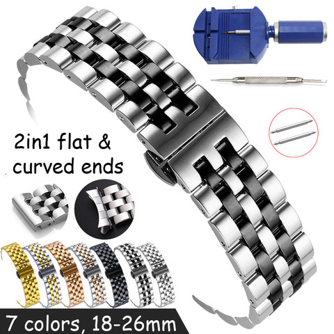 Flat and Curved End Watch Band 18 19 20 21 22mm 24mm 26mm Stainless Steel Watch Strap Butterfly Clasp Replacement Wrist Bracelet ► Photo 1/6
