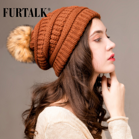 FURTALK Autumn Winter Beanie Hat for Women Knitted Pompom Hat Slouchy Beanie Skullies for Female Black Red Yellow bonnet Cap ► Photo 1/6