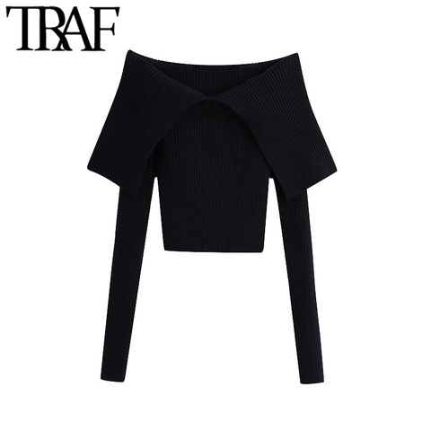 TRAF Women Fashion With Exposed Shoulders Fitted Knitted Sweater Vintage V Neck Long Sleeve Female Pullovers Chic Tops ► Photo 1/6