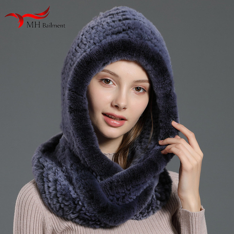 2022 fur hat ladies knitted scarf 100% real rex rabbit fur hooded scarf winter warm natural novel wool hat large female fur hat ► Photo 1/6