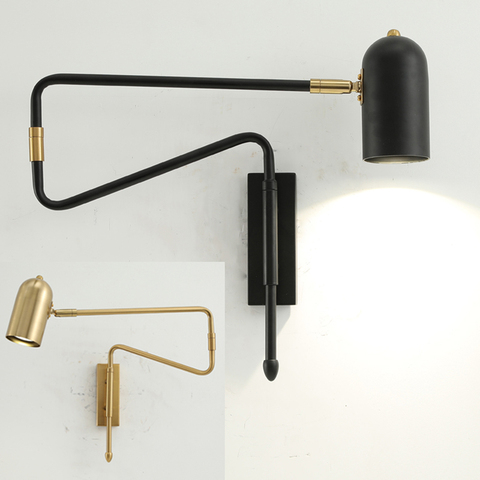 Industrial Adjustable Long-Arm retractable wall lamp Creative with switch Reading Bedside E27 lights Fexible Folding Black Gold ► Photo 1/5