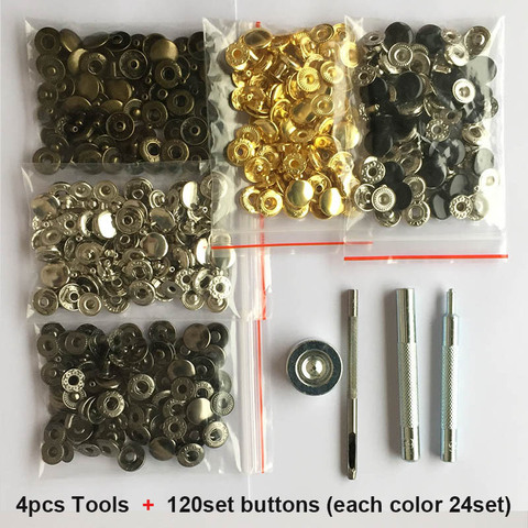 120set Leather Snap Fasteners Kit,10mm 12mm 15mm Metal Button Snaps Press Studs,4 Installation Tools, Leather Snaps for Clothes ► Photo 1/6