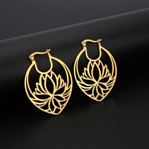 Skyrim Fashion Flower Lotus Hoop Earrings Stainless Steel Gold Color Boho Big Drop Earring  Jewelry Gift for Women Female 2022 ► Photo 1/6