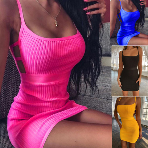 Women Sexy Bodycon Dress Sleeveless O Neck Spaghetti Strap Stretchy Package Hip Short Mini Dress Womens Club Dress Vestido ► Photo 1/6