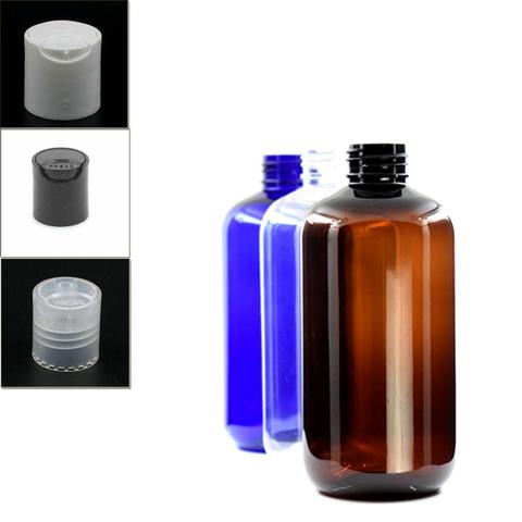250ml empty boston round plastic Dispensing Cap bottle , clear/blue pet bottle with transparent/white/black disc top lid ► Photo 1/5