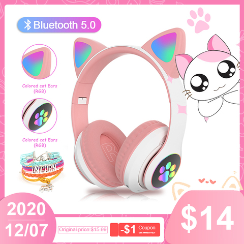 New RGB Cat Ear Headphones Bluetooth 5.0 Bass Noise Cancelling Adults Kids Girl Headset Support TF Card Casco Mic Gift Bracelet ► Photo 1/6