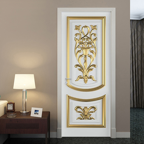 PVC Self-Adhesive Waterproof Door Sticker 3D Stereo White European Style Golden Carved Wallpaper Living Room Bedroom Door Decal ► Photo 1/6