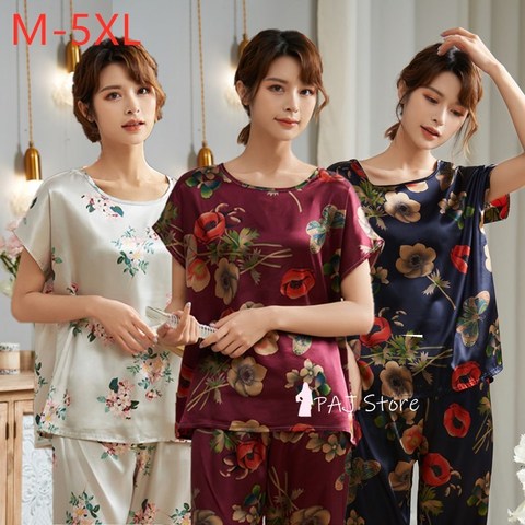 Middle-aged Womens home clothes plus Large size 5XL Fat Satin Silk Pajamas Sets Female Short Summer Nightgowm pjs women nightie ► Photo 1/6