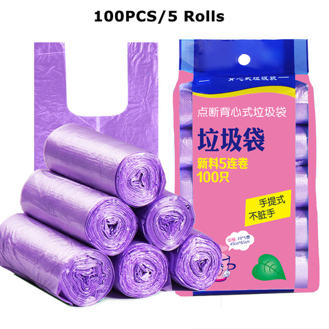 100PCS/5 Rolls Black Purple Green Blue Thicken Garbage Bags Vest Style Storage Bag For Kitchen Home Bath Waste Trash Bag 45x63cm ► Photo 1/6