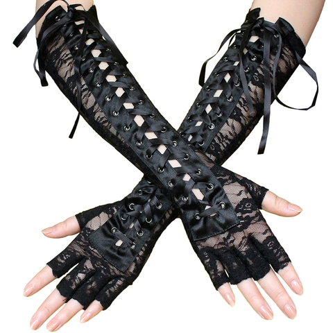 Helisopus Sexy Lace Long Gloves Winter Elbow Length Half-finger Gloves Ribbon Fingerless Fishnet Mesh Etiquette Party Gloves ► Photo 1/6